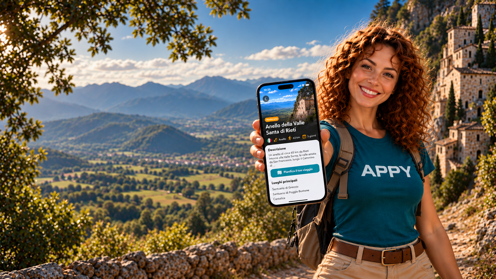 A hiker holding a phone with the Appy cammino app